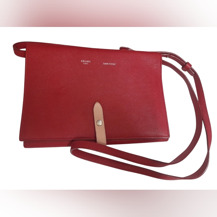 Authentic Celine - Large Strap Wallet In Grained Calfskin Red